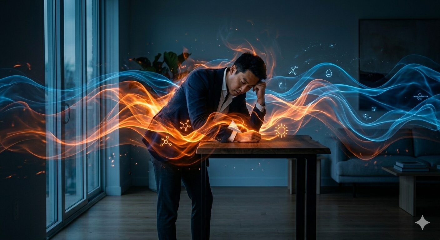 30代男性がデスクで疲れ果てている様子と、ホルモンバランスを象徴するエネルギー波のイメージ