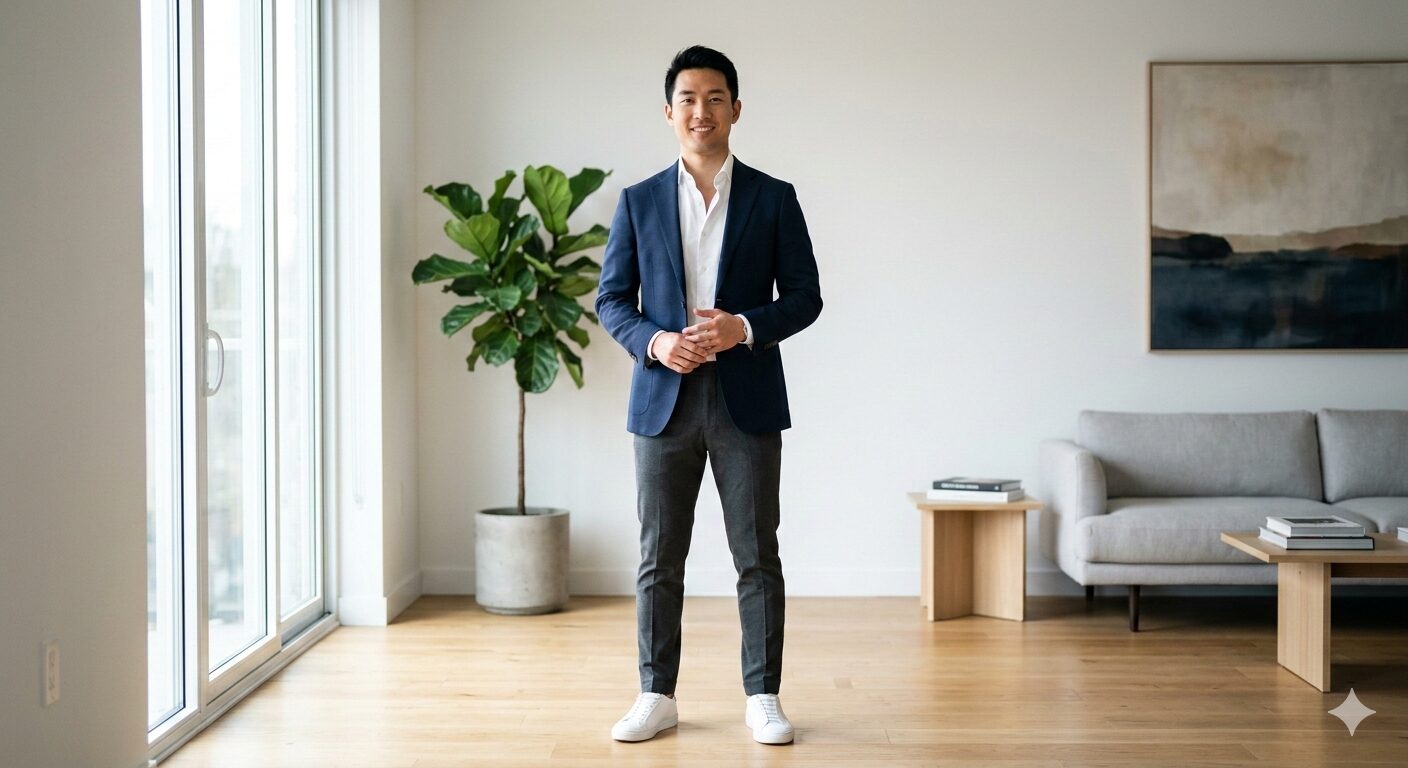 正しい姿勢で自信に満ちた30代男性のイメージ