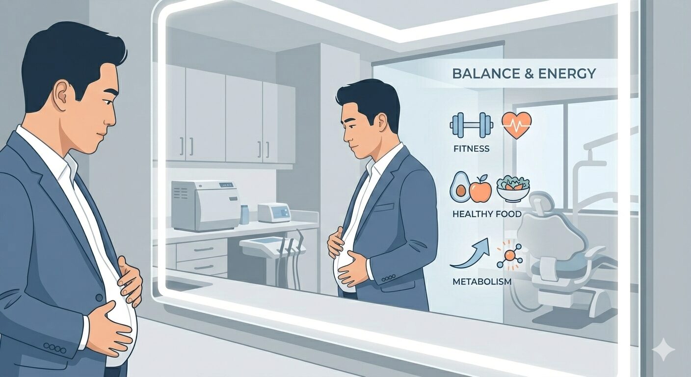 30代男性のぽっこりお腹と健康的な身体への変化を象徴するイメージ