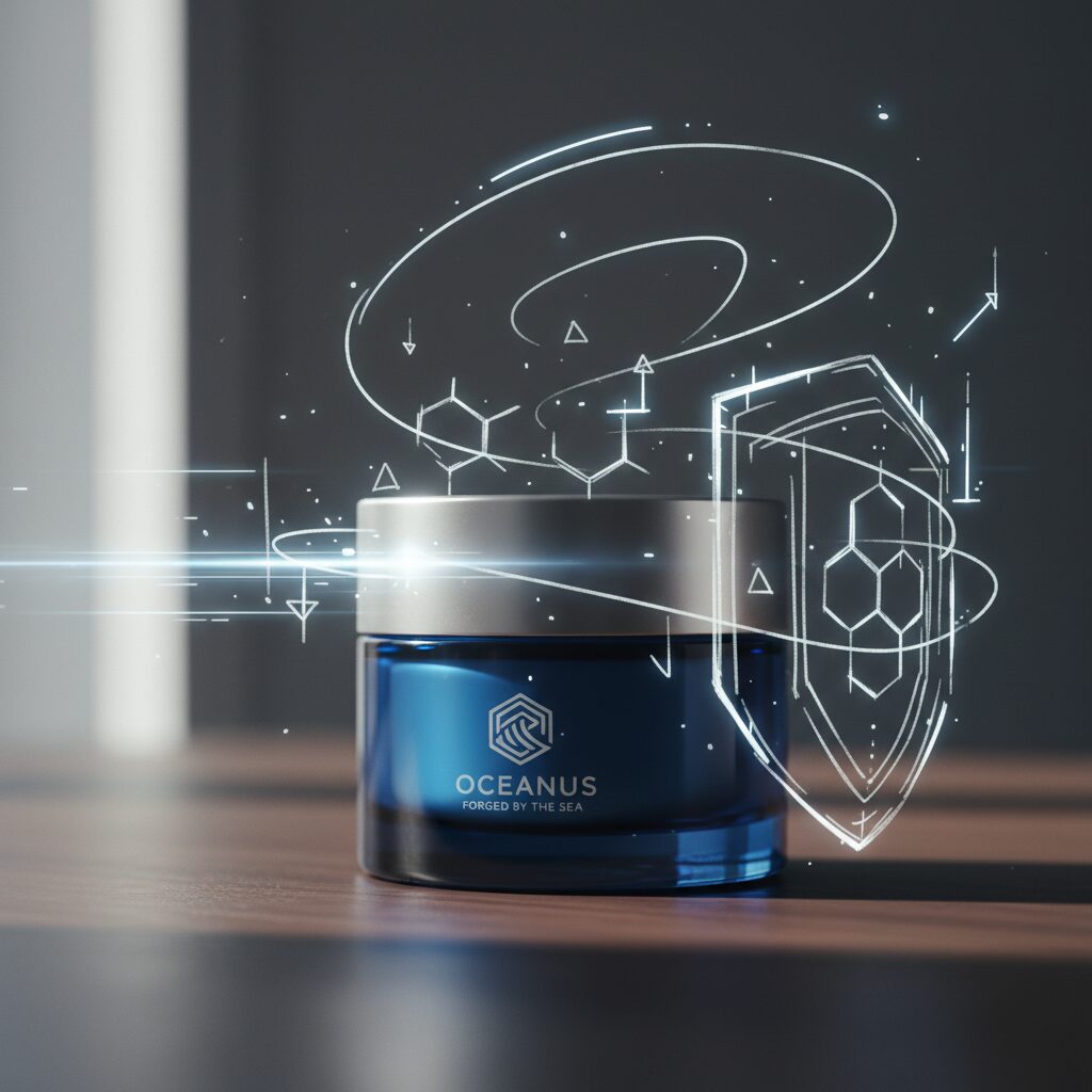 A minimalist moisturizing cream jar on a dark wooden surface with soft natural lighting for 30s men.