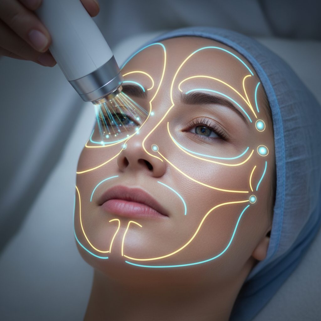 精密な超音波技術によるハイフ施術のイメージ画像。青とゴールドの光が顔の輪郭を整える様子を表現している。