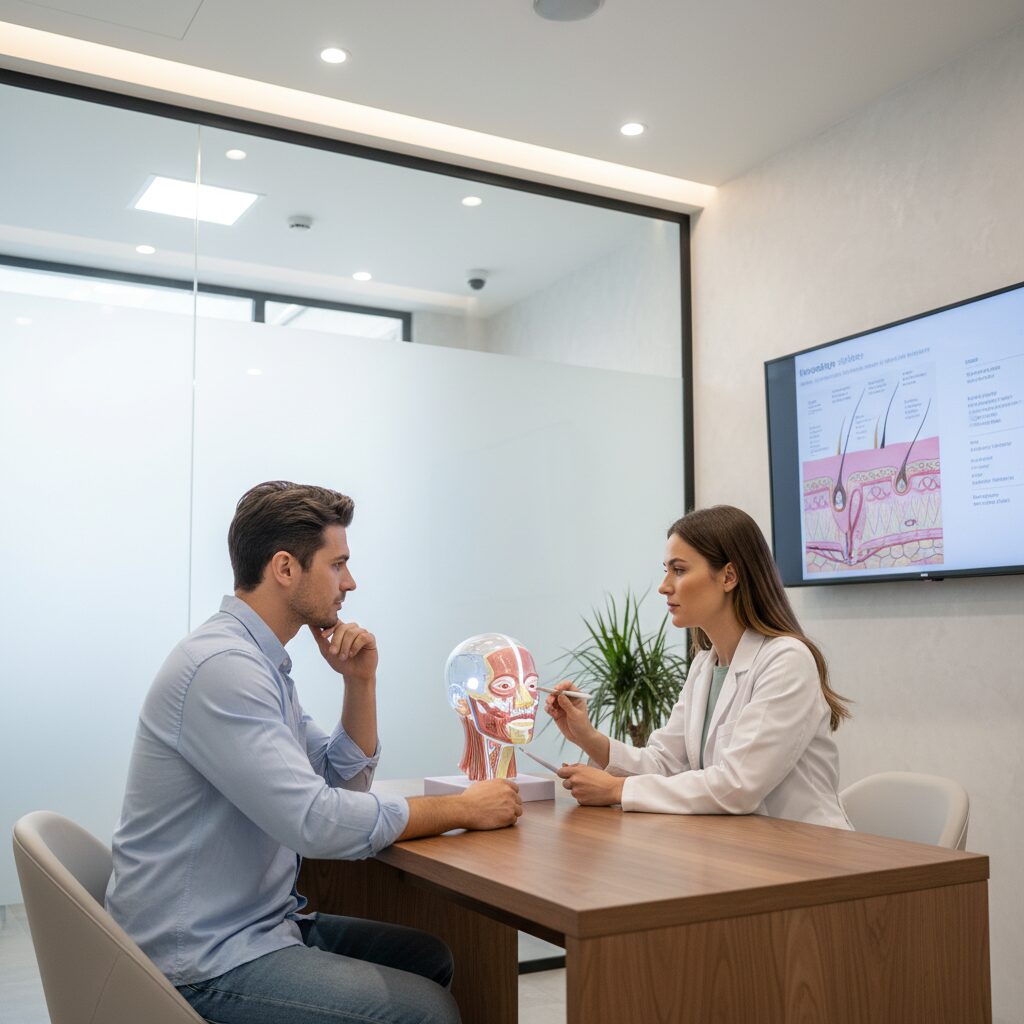 美容クリニックで専門医とカウンセリングを行う男性の様子