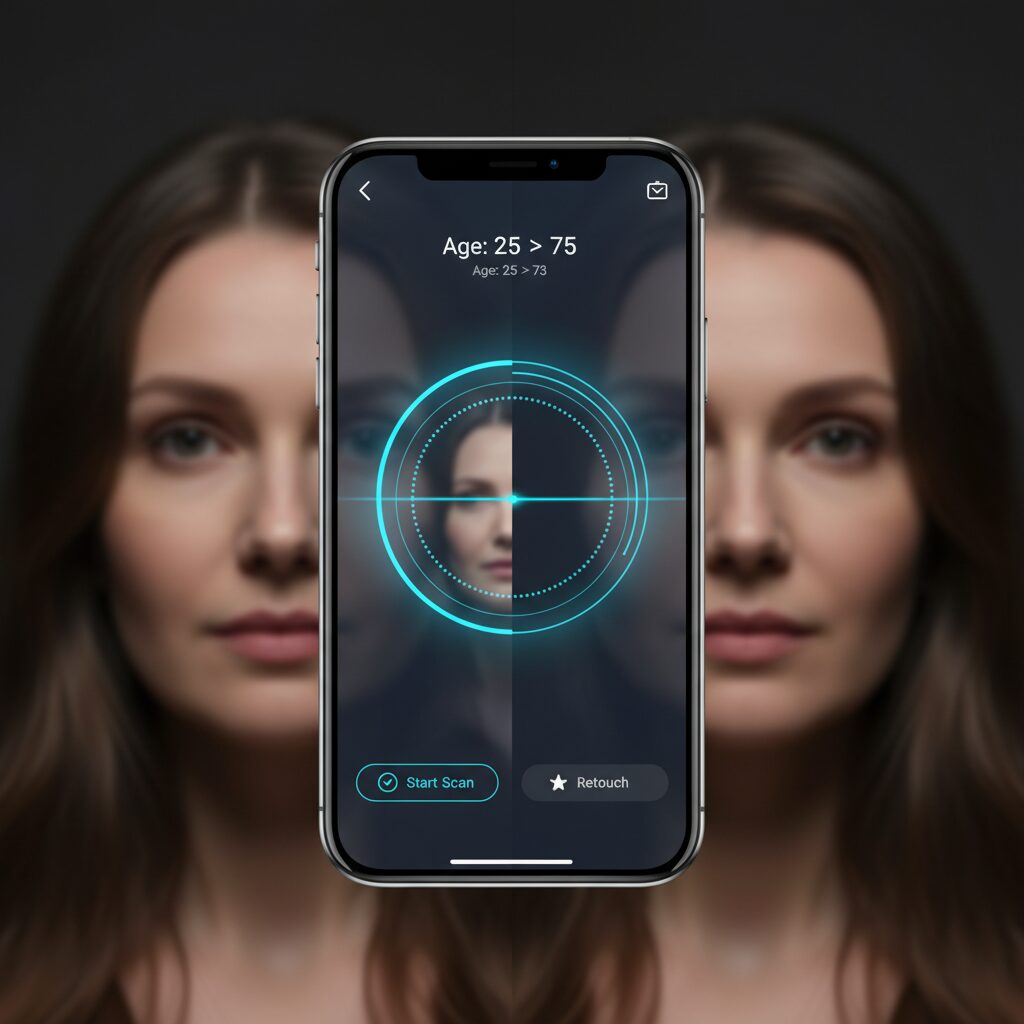 若い女性の顔と、スマートフォンのAIアプリによってシミュレーションされた数十年後の老いた顔の対比。老化診断のイメージ。