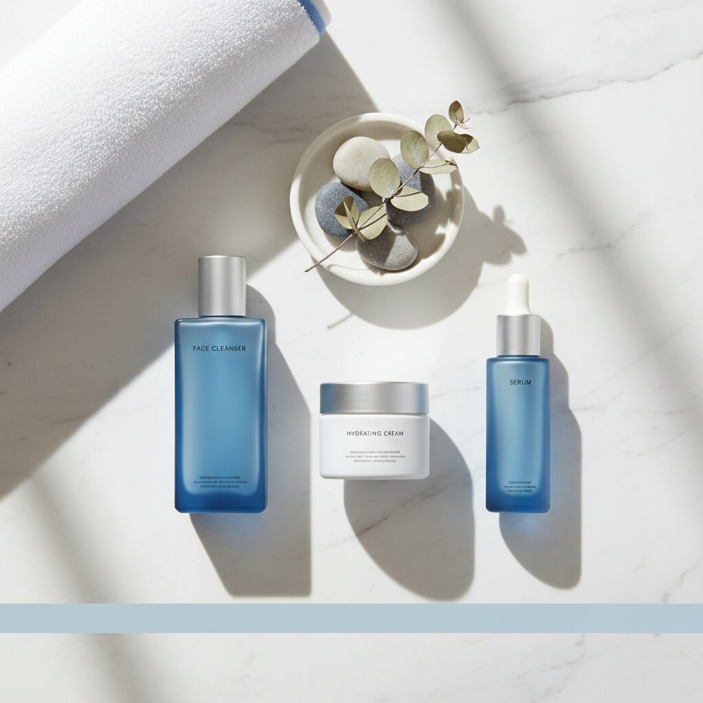 30代男性向けのミニマルなスキンケアアイテムが並ぶ清潔感のある洗面台の風景