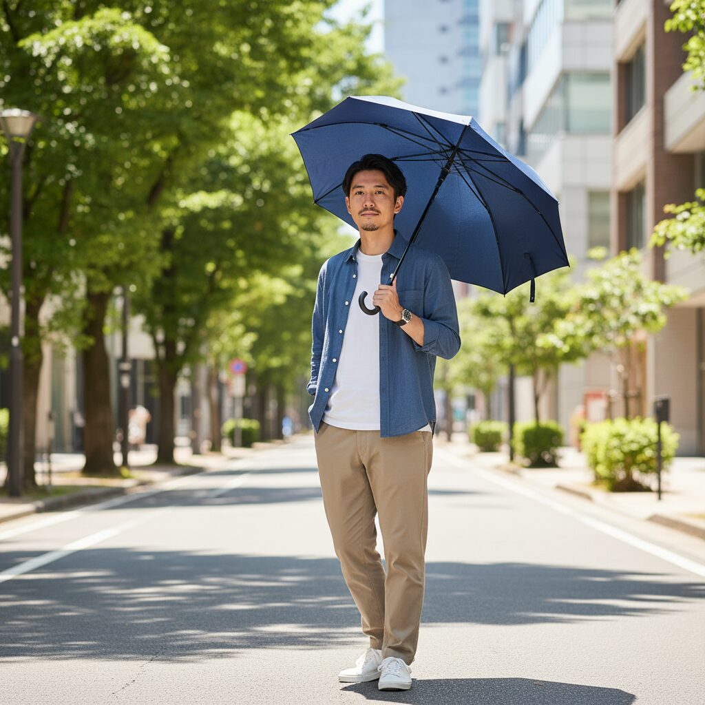 日傘を差して夏の日差しの中を歩く清潔感のある30代男性のイメージ画像