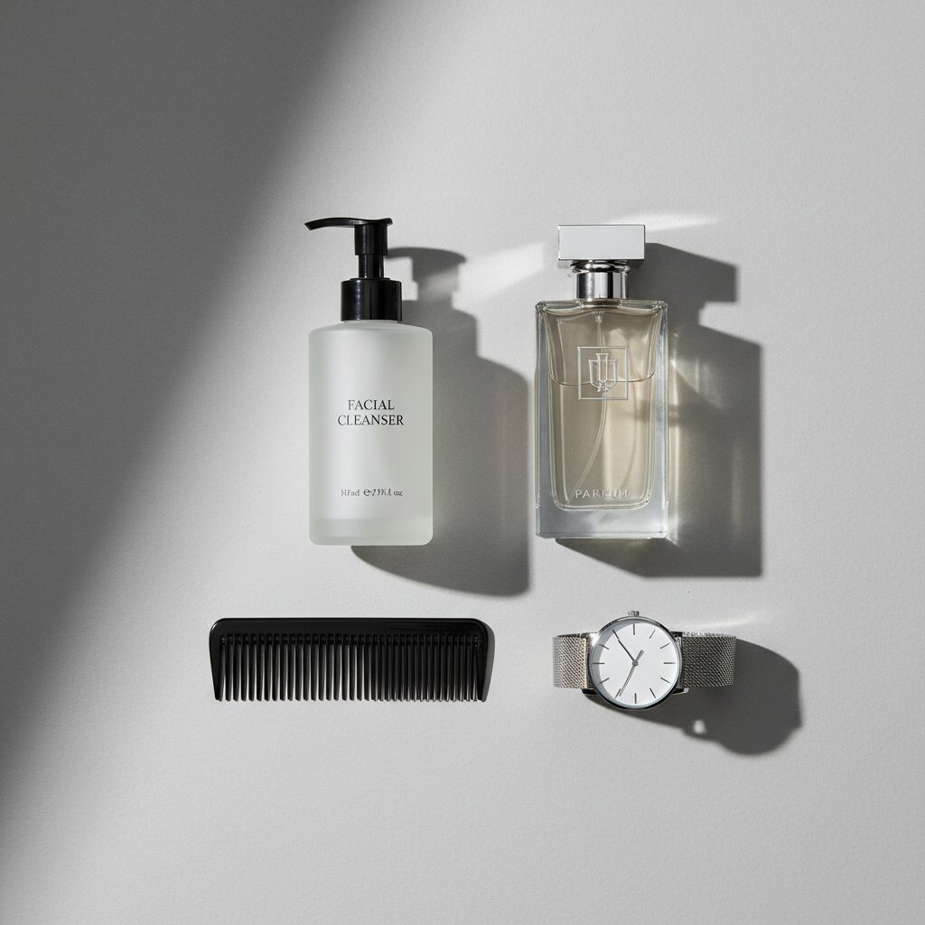 30代男性の清潔感を象徴するスキンケア用品と小物の配置
