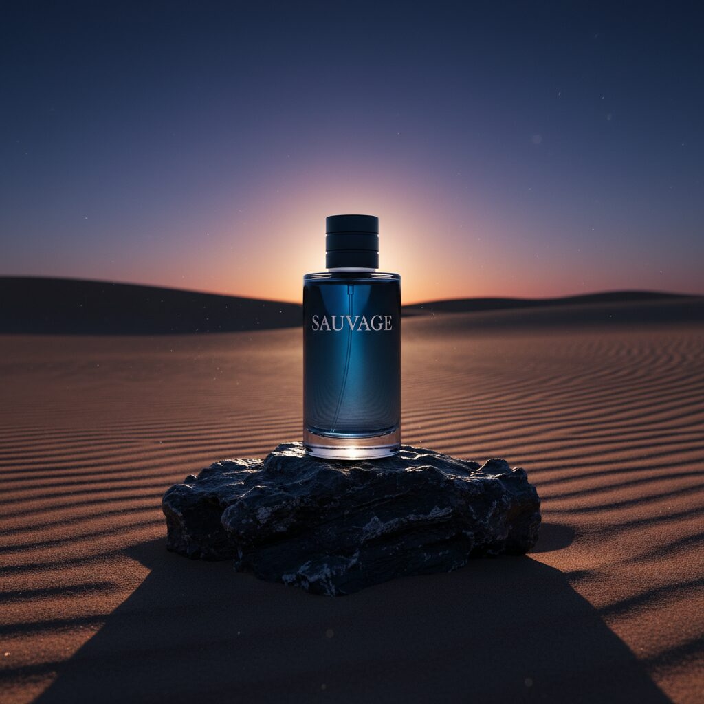 A luxurious perfume bottle on a dark rock in the desert under a blue twilight sky.