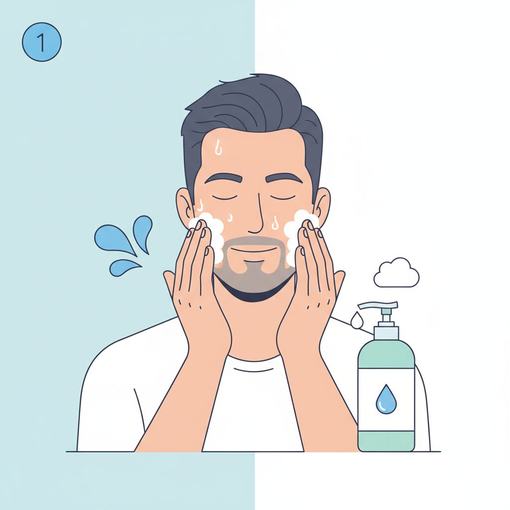 洗顔・化粧水・乳液の正しい順番を示す30代男性のイメージ画像