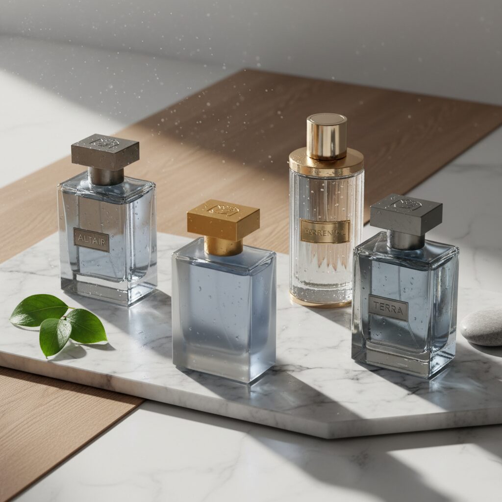 高級感のあるメンズ香水ボトルが並ぶ、清潔感あふれるイメージ画像