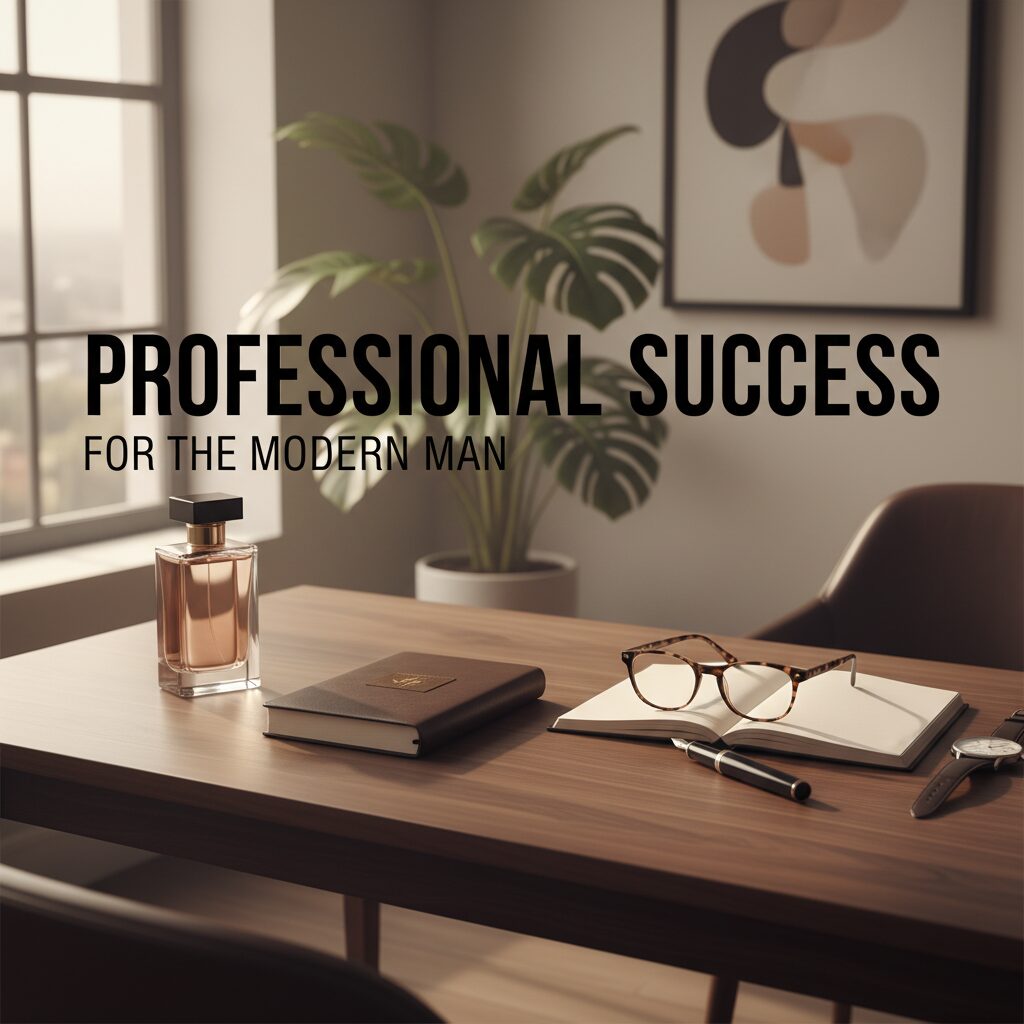 洗練されたビジネスデスクの上に置かれた高級な香水ボトルと眼鏡、ノート。30代男性の知性を感じさせる雰囲気。