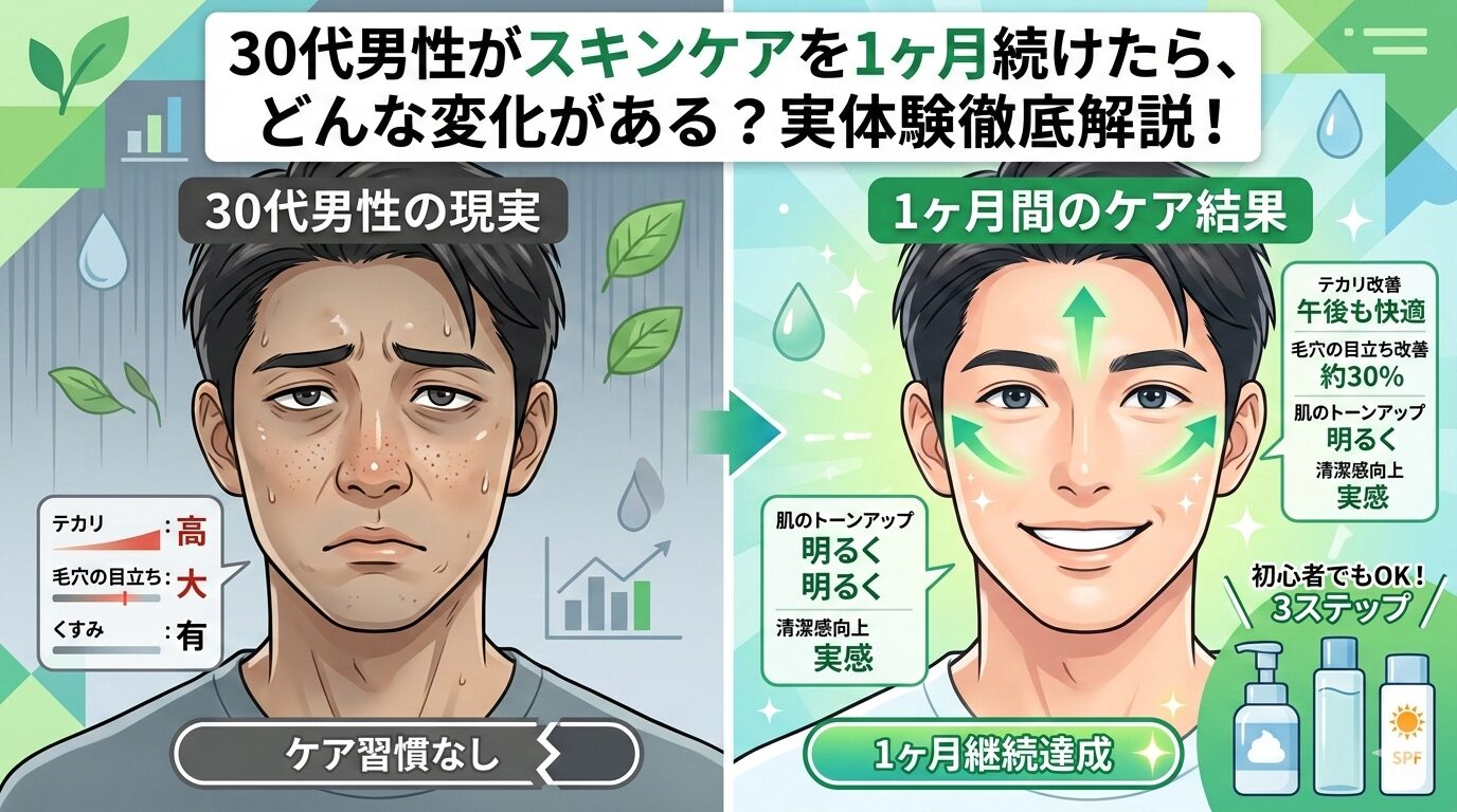 30代男性のスキンケア前後の比較イラスト。左側はテカリや毛穴が目立ち疲れた表情の男性、右側は1ヶ月のケアで肌がトーンアップし、清潔感のある笑顔になった男性の対比。