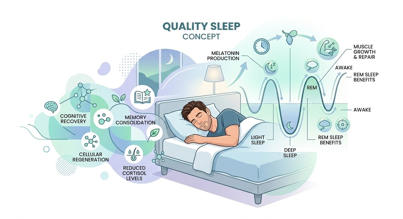睡眠の質改善ガイド - 快適な睡眠環境と休息を表すイメージ