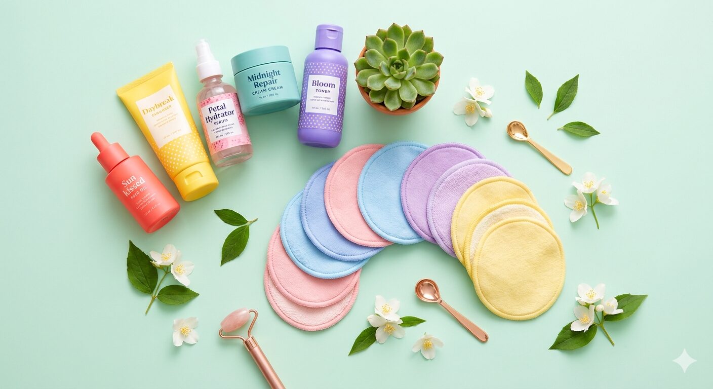スキンケアアイテムを並べた俯瞰画像