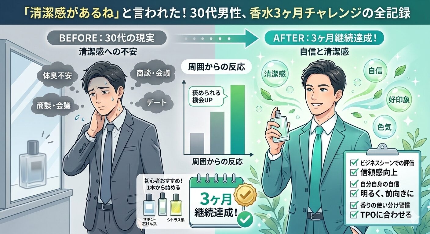 30代男性の香水使用前後の比較イラスト。左側は体臭や清潔感に不安を感じるスーツ姿の男性、右側は3ヶ月の継続で自信に満ち、爽やかな香りをまとう笑顔の男性の対比。