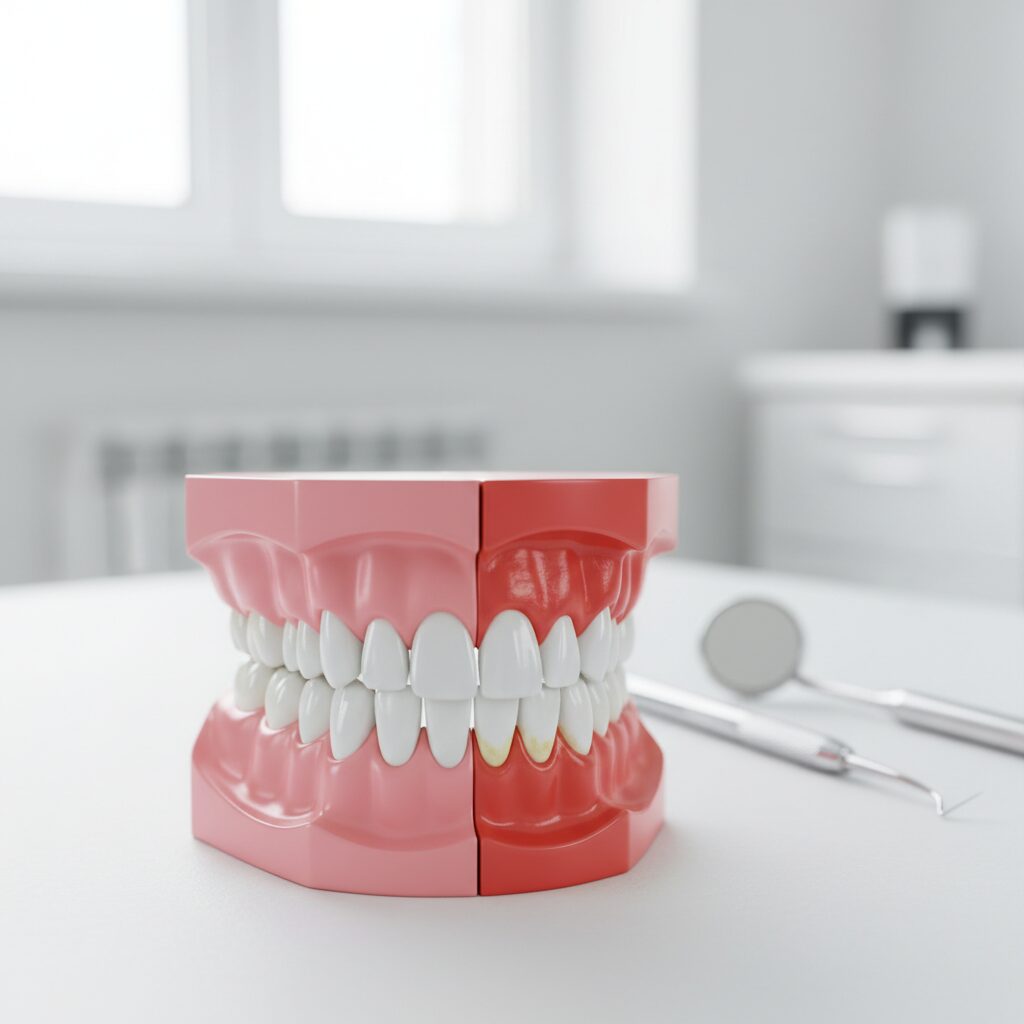 健康な歯茎と歯周病の進行を比較するイメージ画像。歯科検診の重要性を伝えている。