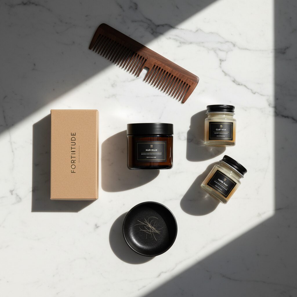 清潔感のある30代男性向けの高級感漂うヘアスタイリング剤とコームのフラットレイ