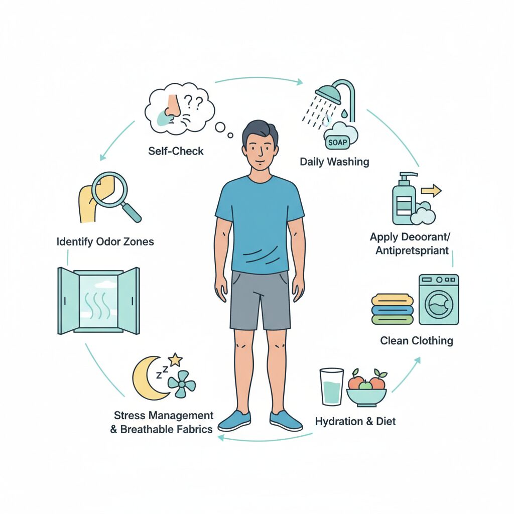 体臭の原因と対策を実践する30代男性のイメージ画像