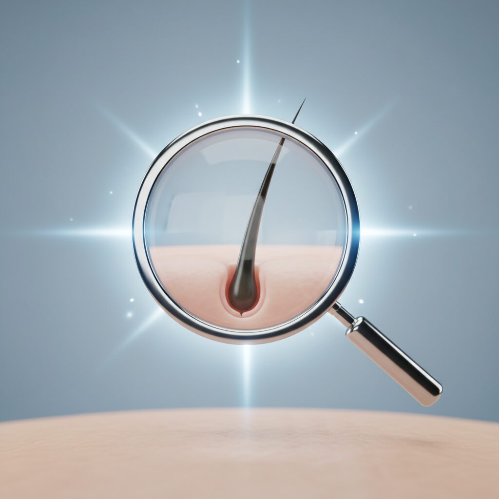 M字ハゲの改善を象徴する、毛根にフォーカスしたクリーンで医療的なイメージ画像