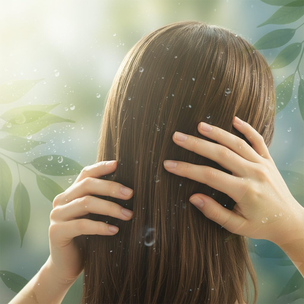 頭皮ケアのイメージ：優しい水滴と健康的な髪を持つ人物の清潔感あるビジュアル