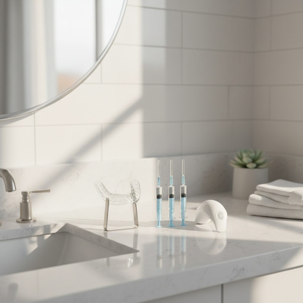 自宅でのホームホワイトニングに使用するマウスピースとジェルのセットイメージ