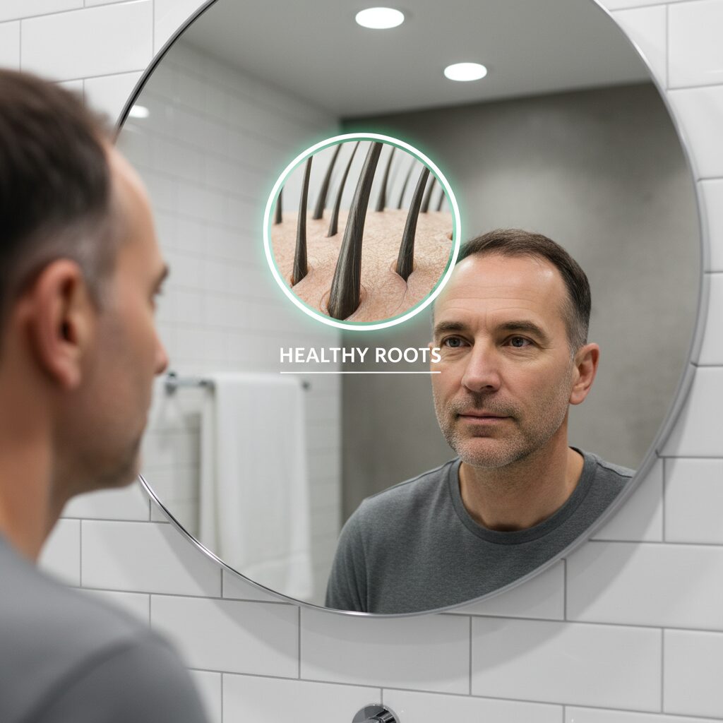 鏡で髪の状態をチェックし、育毛剤と発毛剤の選択に悩む男性のイメージ画像