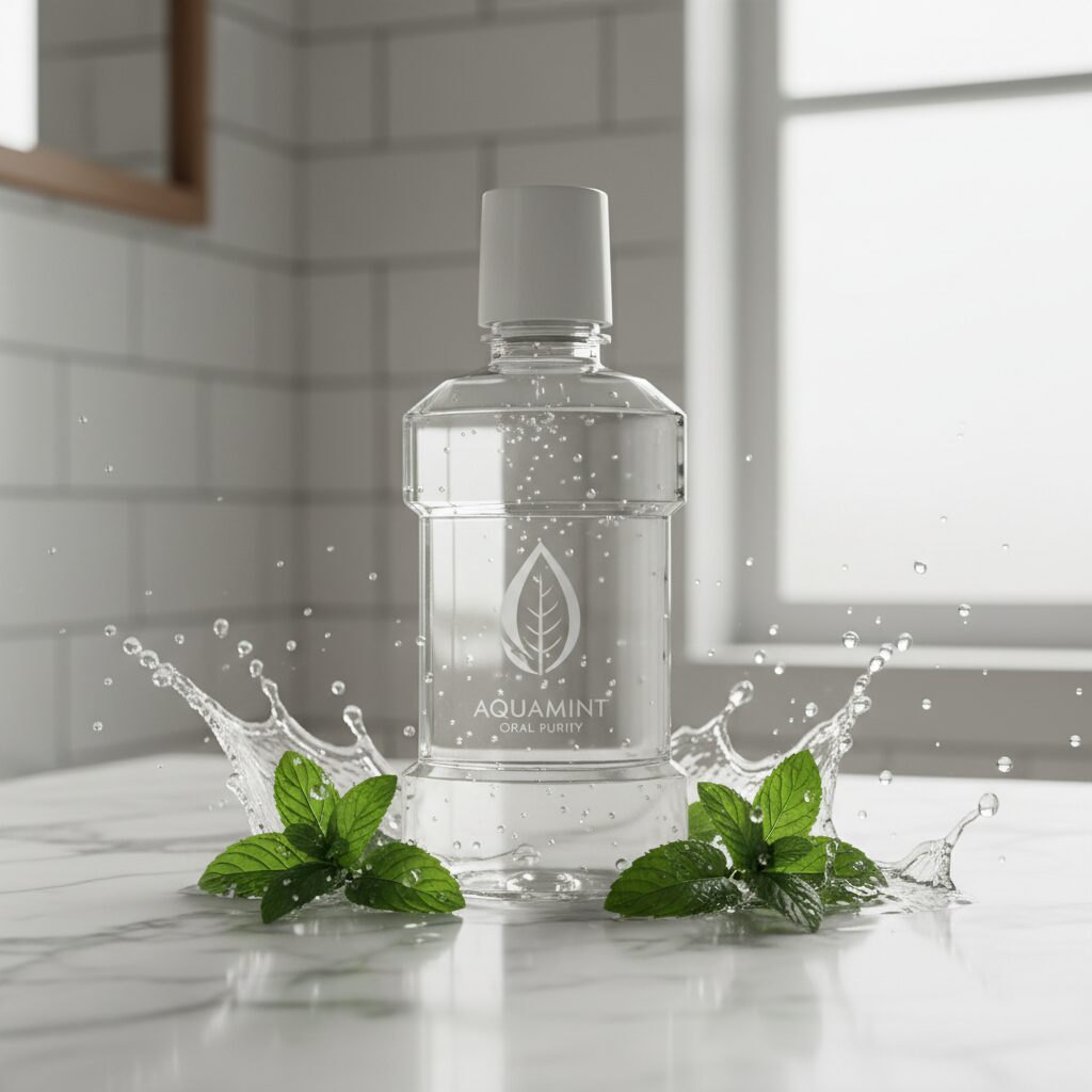 爽やかなミントと水しぶきに囲まれたマウスウォッシュのボトルイメージ