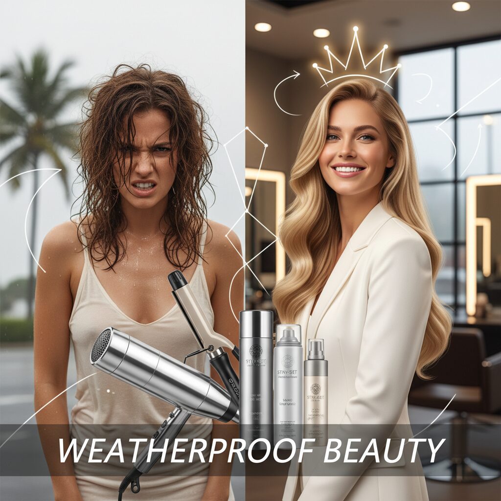 朝の崩れた髪型と、スタイリング剤やアイロンで完璧にセットされた髪型の対比イメージ。ドライヤーやヘアスプレーなどのアイテムが並んでいます。