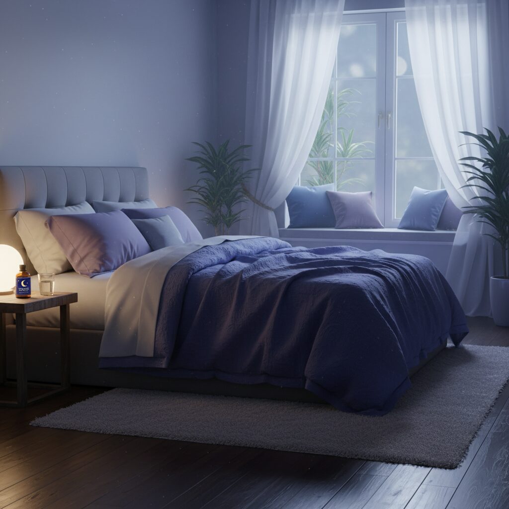 夜の静かな寝室のサイドテーブルに置かれた睡眠サプリメントと水のグラス。落ち着いた青と紫のトーン。