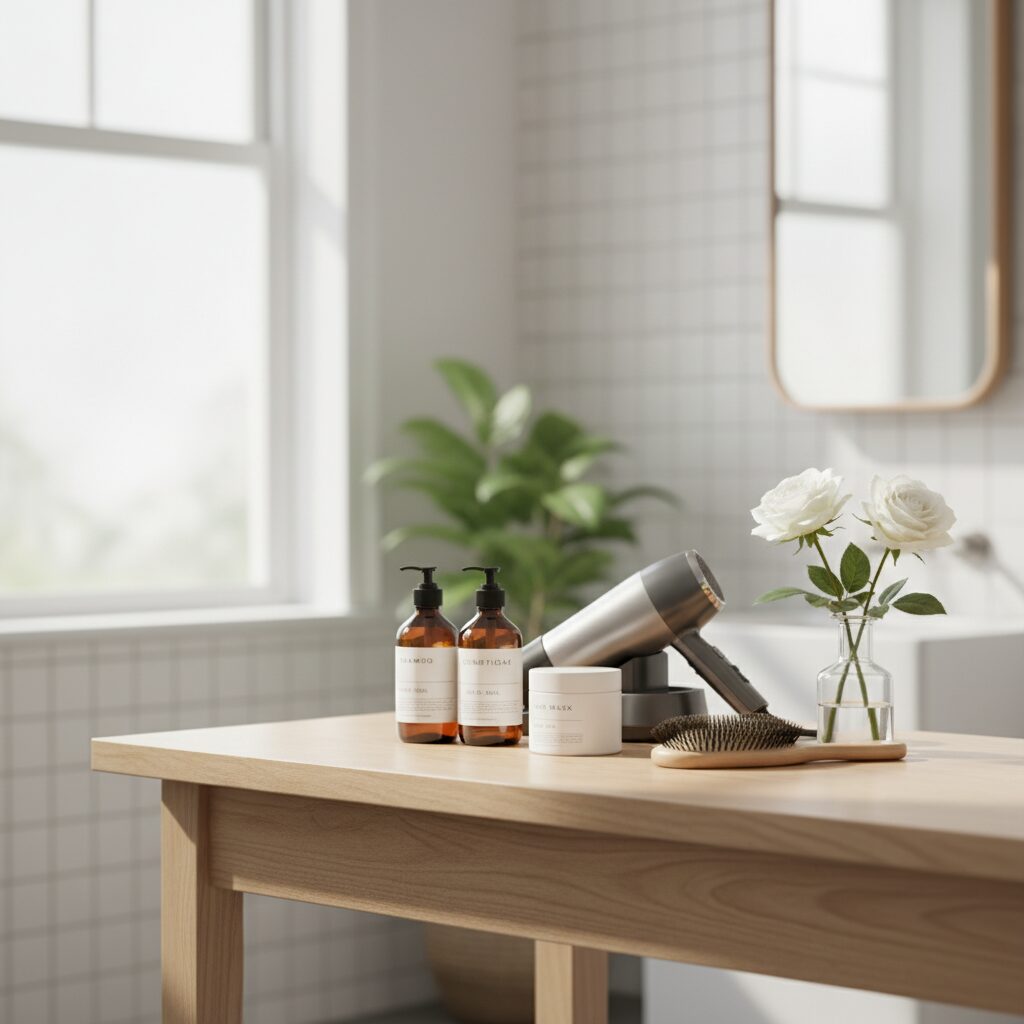 明るい洗面台に置かれたヘアドライヤー、ヘアブラシ、そしてボリュームアップ用のヘアケア製品のスタイリッシュな配置