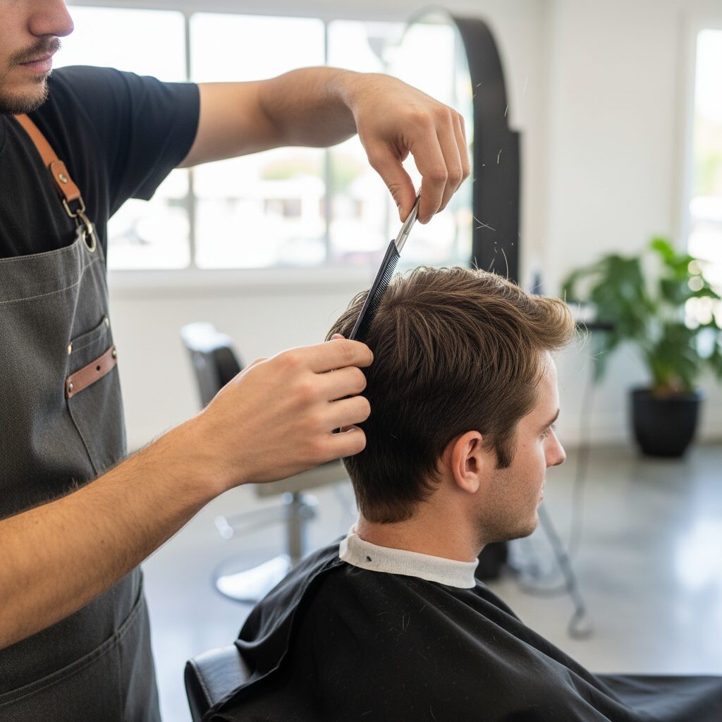 薄毛専門の美容室でカットを受ける男性の様子