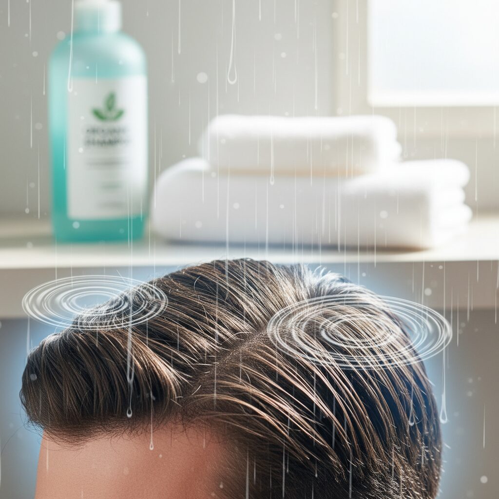 清潔感のある男性の髪と健康的な頭皮のアップ画像