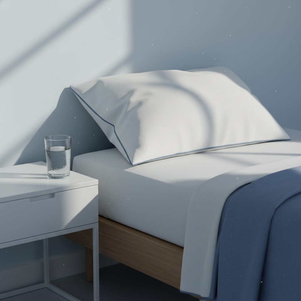 快適な眠りをイメージさせる、清潔感のあるベッドルームと枕の画像
