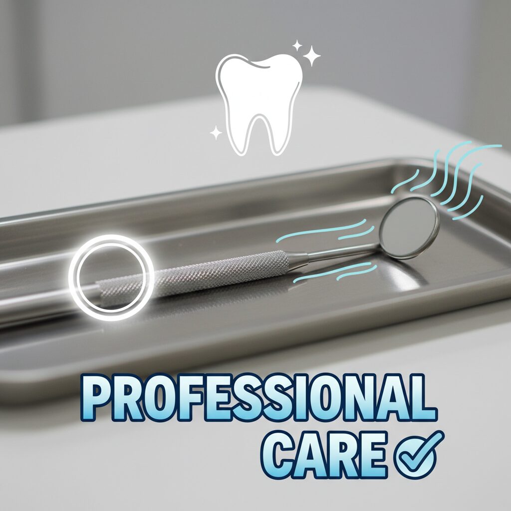 歯科医院でのプロフェッショナルなクリーニングをイメージした、清潔感のある歯科器具と口腔ケアの画像