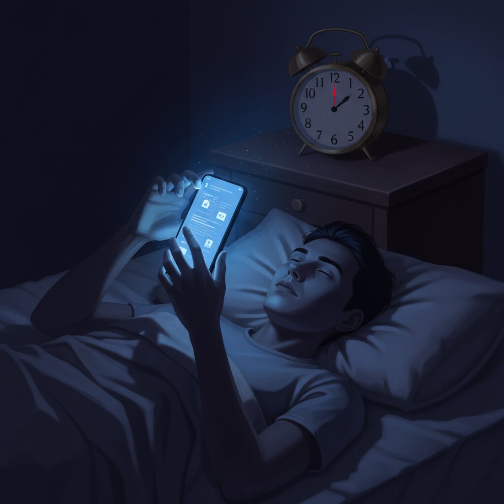 暗い部屋でスマートフォンの青い光に照らされる人物の顔と、その横に置かれたアナログ時計のイメージ