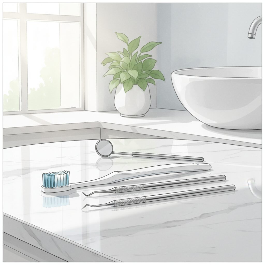 歯ブラシとデンタルケア用品が置かれた清潔な洗面台のイメージ画像