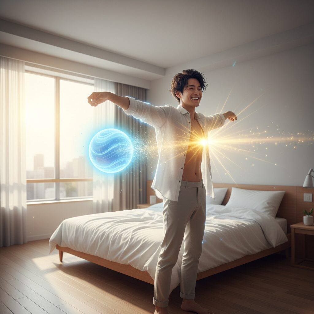 朝すっきりと目覚め、活力を取り戻した30代の男性のイメージ