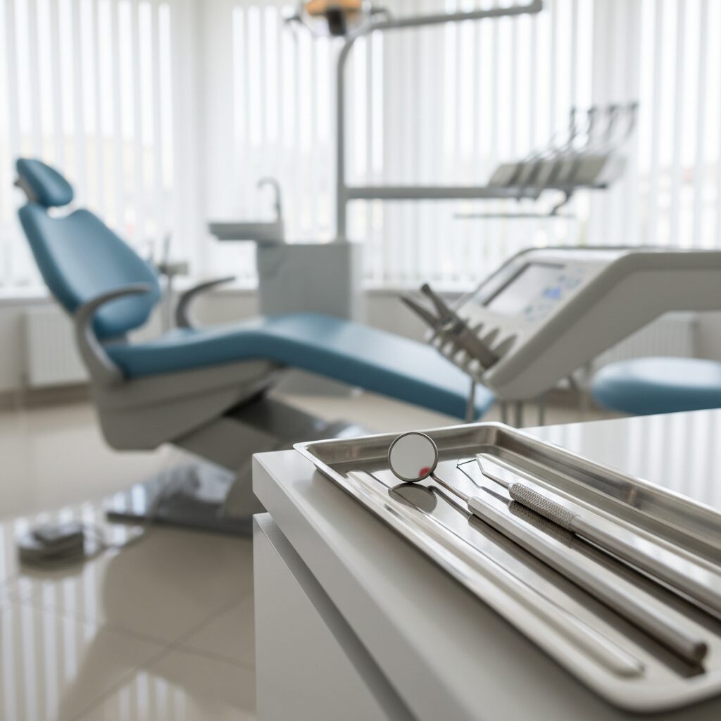 清潔な歯科医院の診察室と、定期検診の重要性を象徴する歯科器具のイメージ
