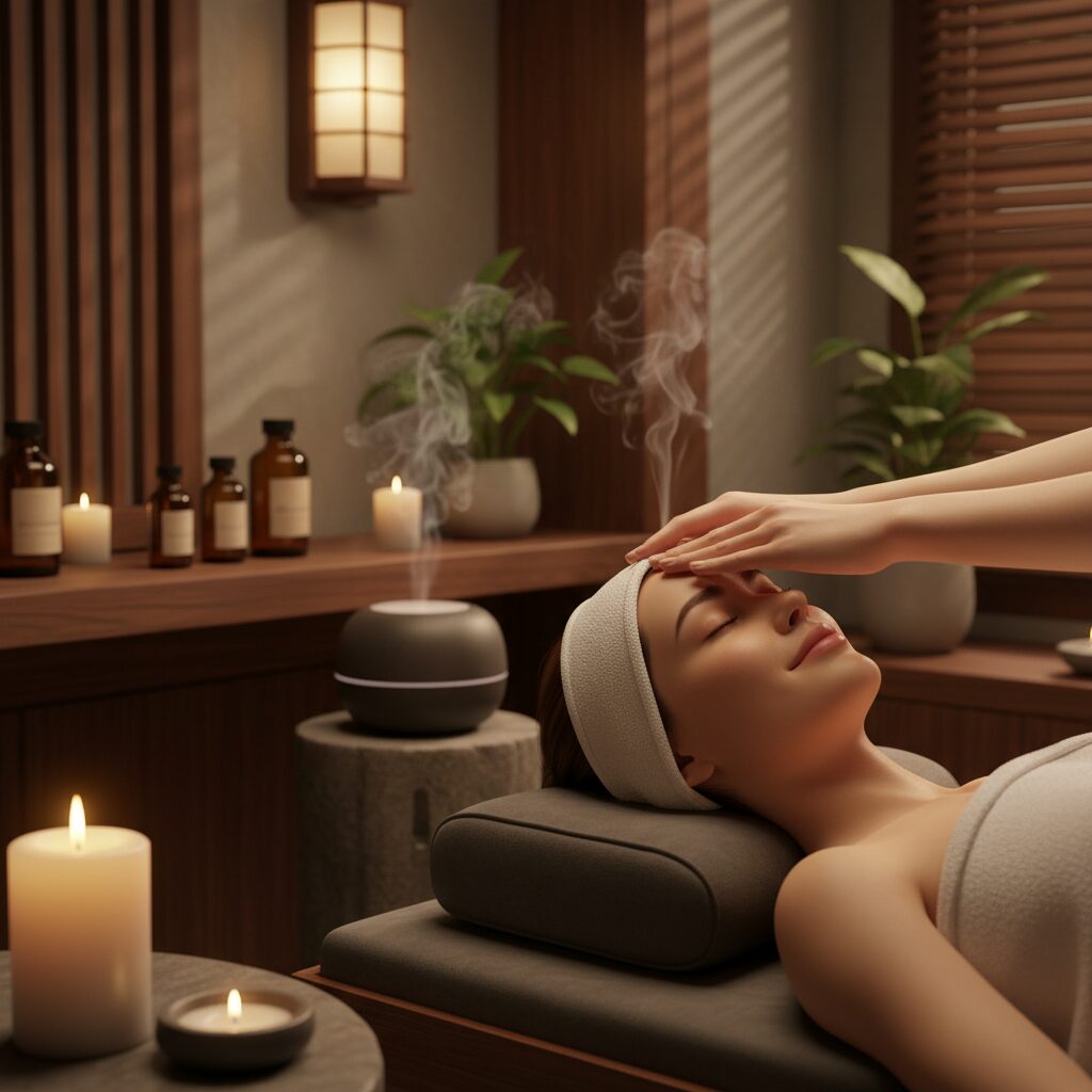 穏やかなスパで頭皮マッサージを受けるリラックスした様子