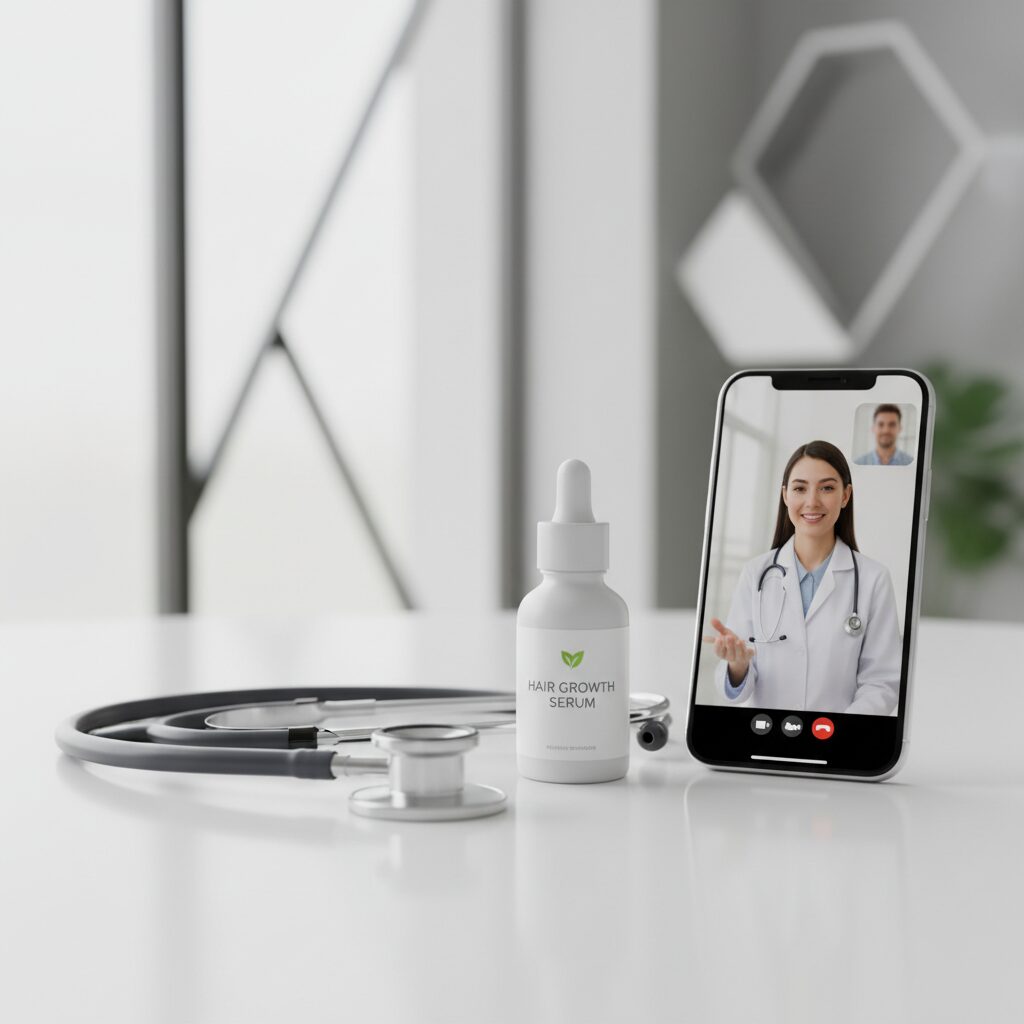 Professional medical setting for AGA treatment consultation with medicine and smartphone online consultation screen.