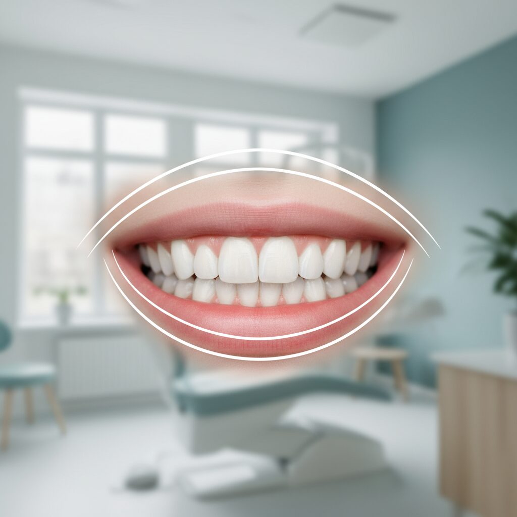 白く清潔な歯で自信を持って微笑む口元のアップ画像。背景は明るい歯科医院のイメージ。