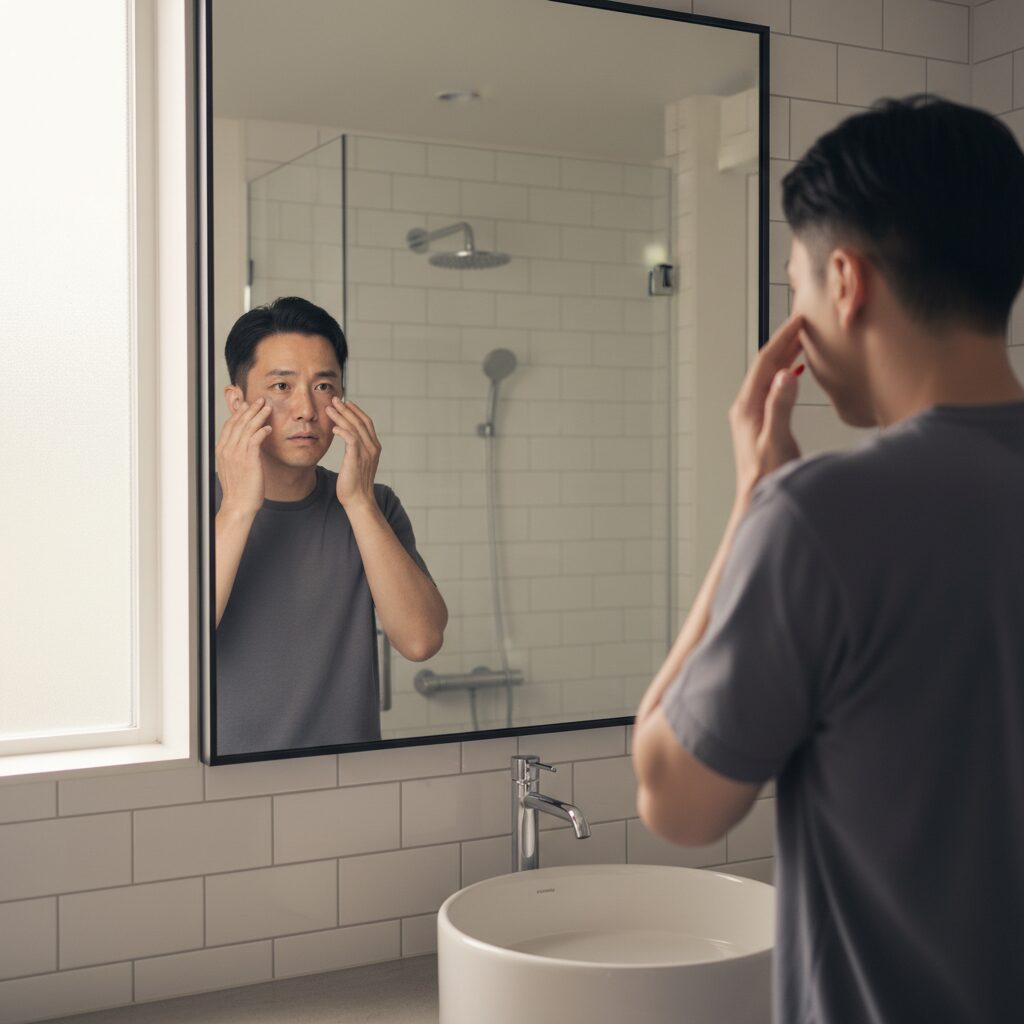 洗面台の鏡で目の下のクマを確認している30代男性