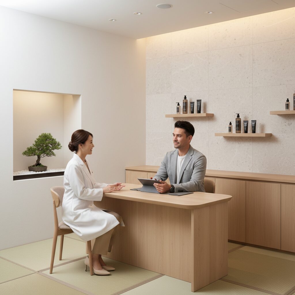 30代男性がひげ脱毛クリニックでカウンセリングを受けているシーン