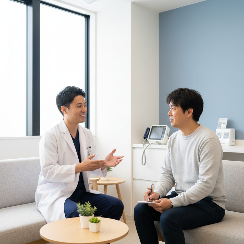 クリニックで医師とカウンセリングする30代男性