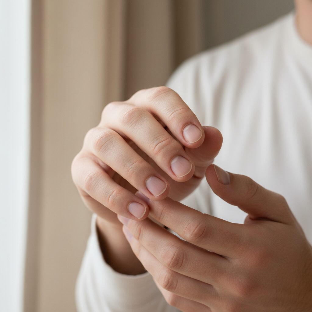 清潔に整えられた30代男性の手元・爪のアップ