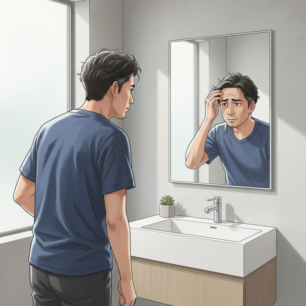 鏡で白髪を確認する30代男性