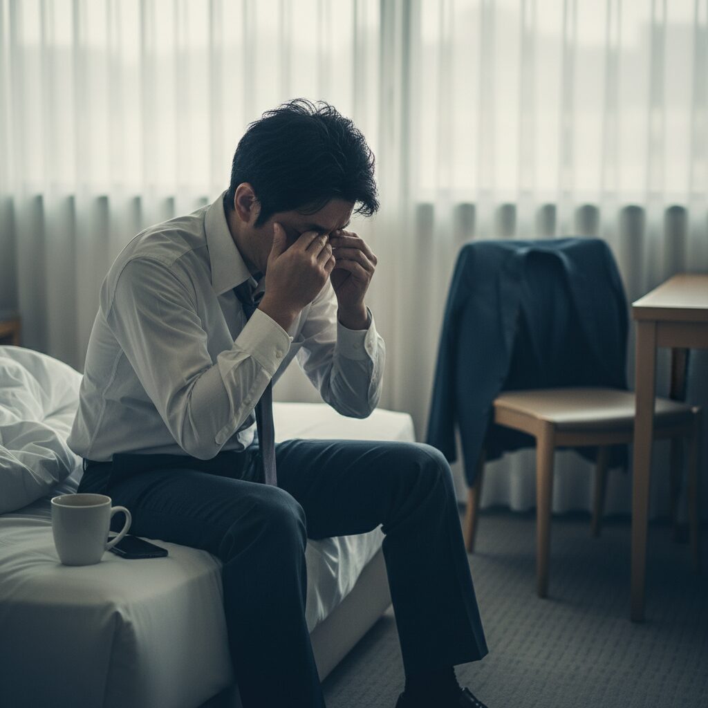 朝ベッドの端に座り目をこするスーツ姿の30代男性